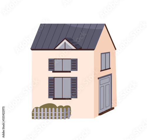 Residential house building facade. Outside of town dwelling, real estate exterior. Living home architecture with open shutters on windows. Flat vector illustration isolated on white background