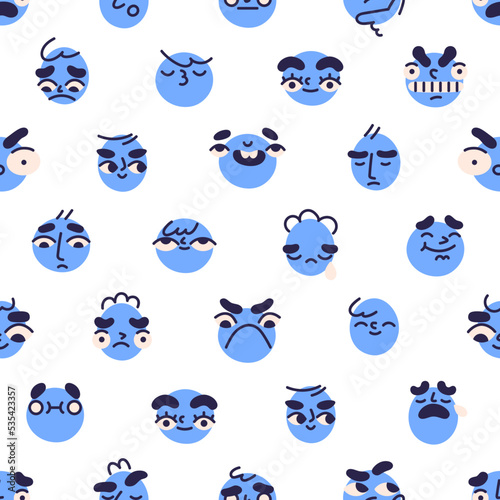 Seamless pattern with face avatars, emojis. Different emotions, expressions, endless background with emoticon characters, repeating print. Funny cute texture design. Colored flat vector illustration