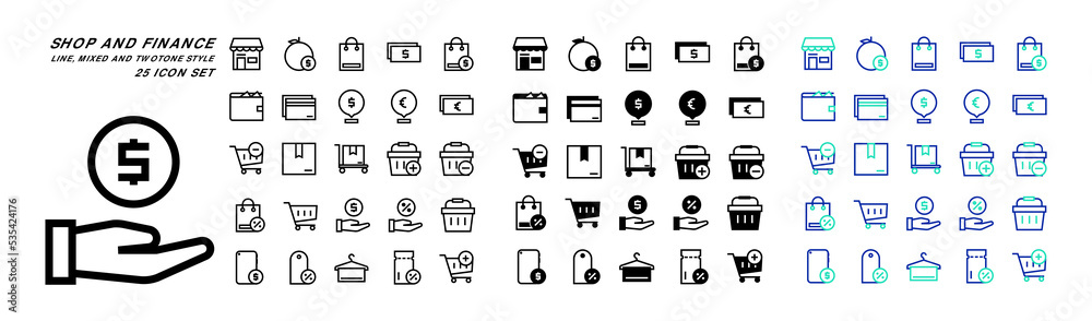 Shop and finance icon collection with outline, mixed, twotone style. 