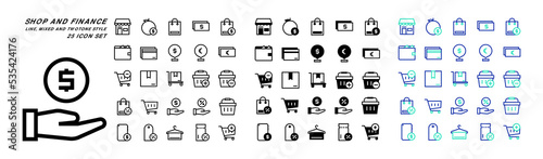 Shop and finance icon collection with outline, mixed, twotone style. 