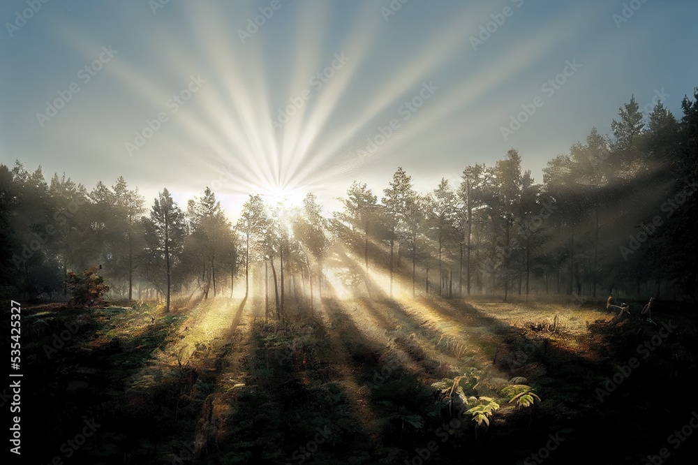 Fototapeta premium Beautiful morning scene in the forest with sun rays and long shadows. High quality illustration