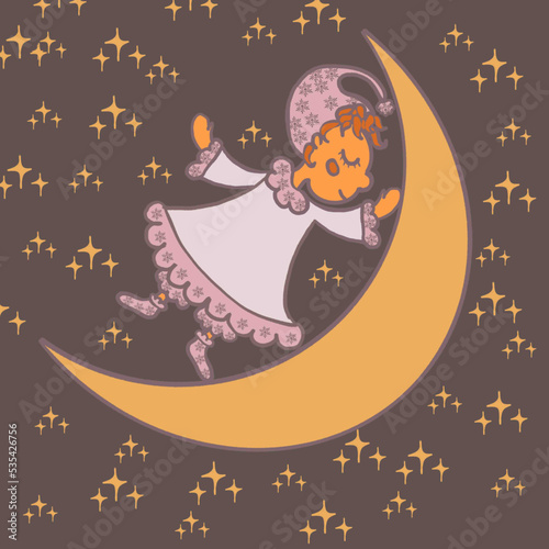 cat on the moon child sleeping in a stroller fairy of dreams and babies angel with a heart , fairy with a magic wand