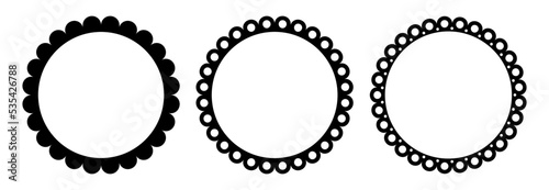 Scalloped edge round strokes set. Simple circle scalloped border. Fabric laces silhouette frame. Repeat cute vintage frill ornament. Texture ribbons. Vector illustration isolated on white background.