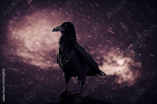 Black crow or raven in the snowfall, digital illustration generated by ai, is not based on any real image or character photo