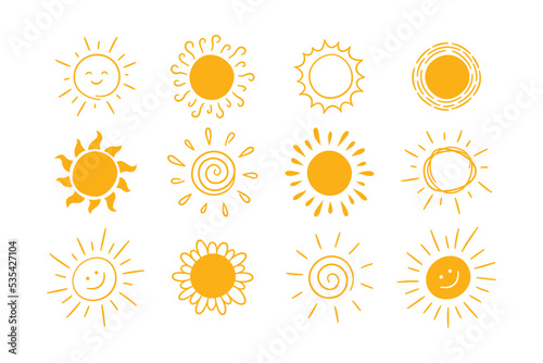 Doodle different sun icons set. Scribble yellow sun with rays symbols. Doodle children drawings collection. Hand drawn burst. Hot weather sign. Vector illustration isolated on white background.