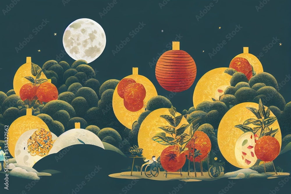 Illustration of Mid autumn festival with family chilling in nature with