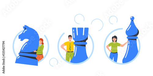 Business Team Playing Chess Isolated Round Icons Or Avatars. Businessmen And Businesswomen Characters Play Game