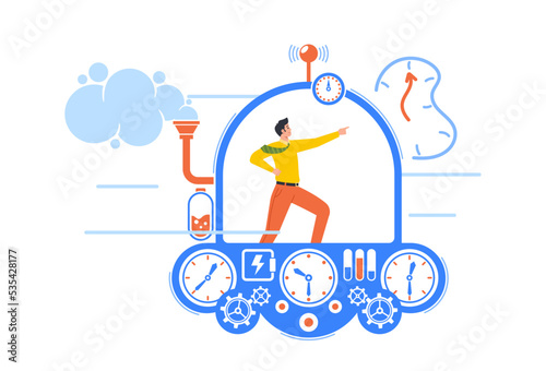Business Character Flying In Time Machine Pointing Ahead With Hand. Man Going To The Future Or Past For Changing History