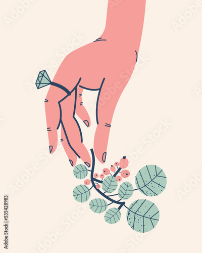 Stylish illustration of a hand with a ring holding a tree branch with berries. Vector design, postcard, print