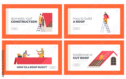 Roofer Men Repair Home Landing Page Template Set. Roof Construction Workers Characters Conduct Roofing Works