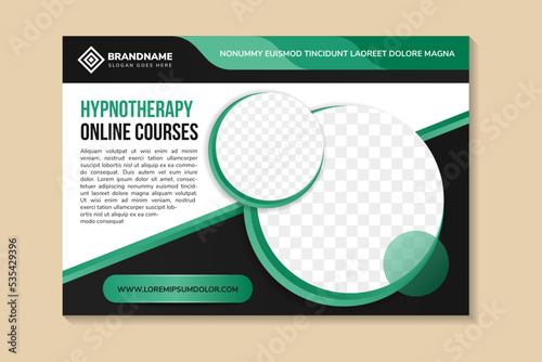 Horizontal banner template for hypnotherapy online courses. Editable modern flyer with multicolored green circle shape and place for the photo. Usable for social media cover, header, and report.
