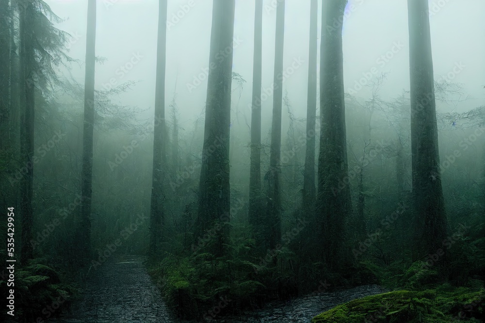 Obraz premium Mystical View of the Trail in Rain Forest during a foggy and rainy Winter Season. Woods in Squamish, North of Vancouver, British Columbia, Canada.. High quality illustration