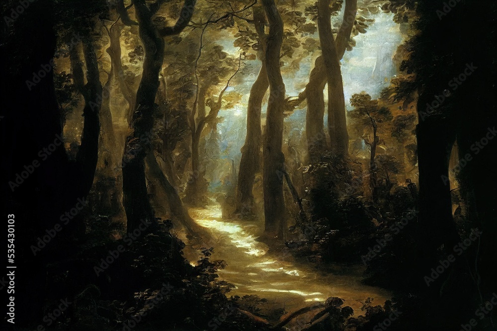A dark and moody forest path with the sunlight peaking through the canopy on the the forest floor. High quality illustration