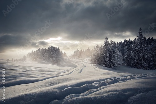 Dramatic winter landscape under fresh fallen snow on a cloudy morning day. High quality photo. High quality illustration © 2rogan