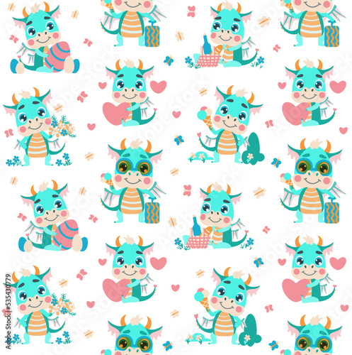 Seamless pattern of cute little green dragons resting in summer. Dragon child travels with a suitcase  sits with hearts and a picnic basket  eats ice cream  collects flowers. for children s design