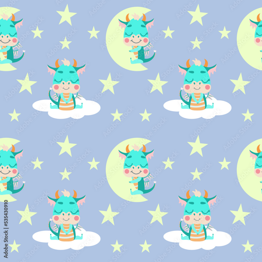 Seamless pattern with cute little dragons sleeping for half a month and sitting on a cloud. Good night. Delicate pastel background for nursery wallpaper and design for children. Seamless pattern with cute little dragons sleeping for half a month and sitting on a cloud. Good night. Delicate pastel background for nursery wallpaper and design for children.