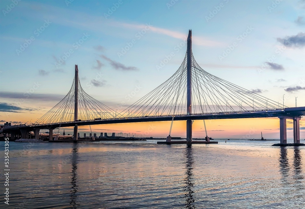 View of the Western High Speed Diameter Bridge (Yacht`s bridge). The Krestovsky Island. Saint-Petersburg, Russia. View of the Western High Speed Diameter Bridge (Yacht`s bridge). The Krestovsky Island. Saint-Petersburg, Russia.