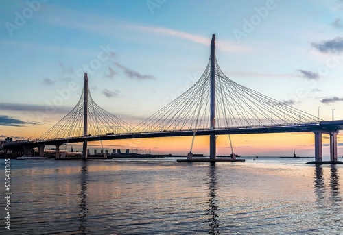 View of the Western High Speed Diameter Bridge (Yacht`s bridge). The Krestovsky Island. Saint-Petersburg, Russia. 
