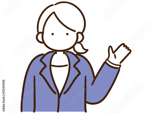 手を添えて案内をする若い女性社員のシンプルな線画イラスト
