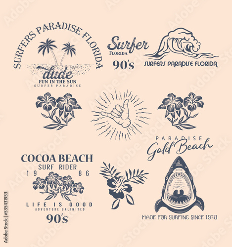 Vector retro surf label set.