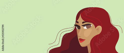 Bannière avec visage de femme aux longs cheveux rouges roux, illustration avec espace pour texte, visage ovale, peau olive, femme Orientale