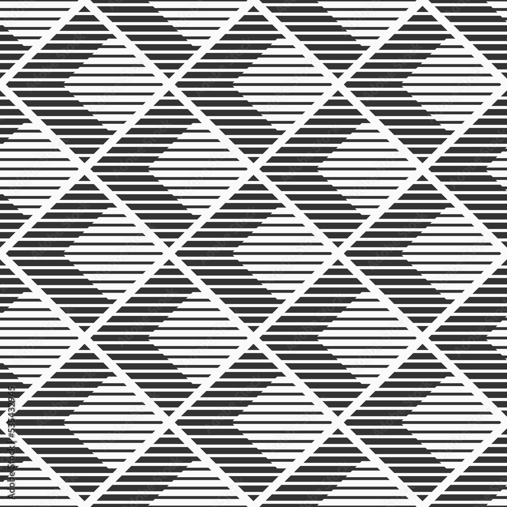 Abstract vector seamless pattern. Striped rhombuses pattern. Modern stylish texture. Geometric ornament. Monochrome halftone lines grid pattern. Abstract vector seamless pattern. Striped rhombuses pattern. Modern stylish texture. Geometric ornament. Monochrome halftone lines grid pattern.