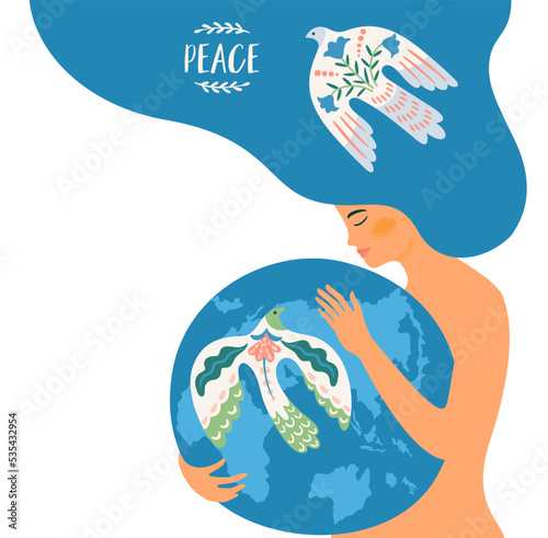 Woman and dove of peace. Vector isolated illustration. Elements for card, poster, flyer and other