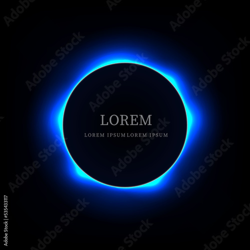 Vector blue neon circle frame on black background.