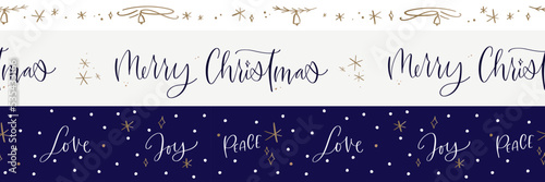 Merry Christmas seamless border set. Shop banner decoration with modern calligraphy peace love joy words in white, gold and navy blue colors for the winter holidays. Elegant script vector design.