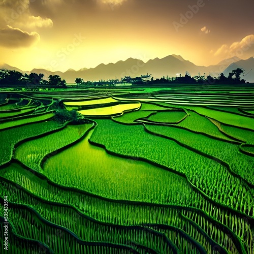 illustration of a very fertile rice field scenery