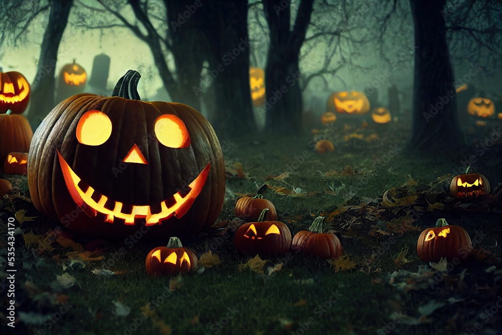 Naklejka premium Creepy carved Jack-o-Lantern pumpkins with glowing yellow eyes outside in haunted woods awaiting Halloween to unleash scary terror...