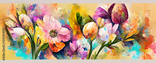 oil painting colorful spring flowers on canvas  background  banner