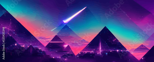 retro wave background with sparkling glitched triangle, pyramids, cyberpunk