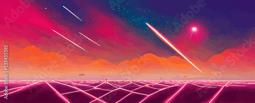 abstract retro wave pink laser perspective grid with bright lights, banner, background