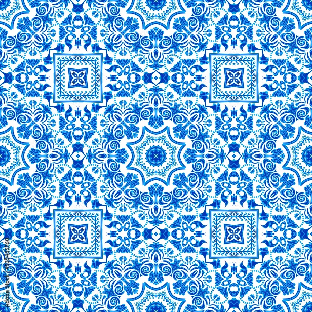 Obraz premium Blue white watercolor azulejos tile background. Seamless coastal geometric floral mosaic effect. Ornamental arabesque all over summer fashion damask repeat