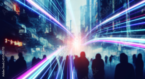 Crowd of people in futuristic city and bands of light leading to the future