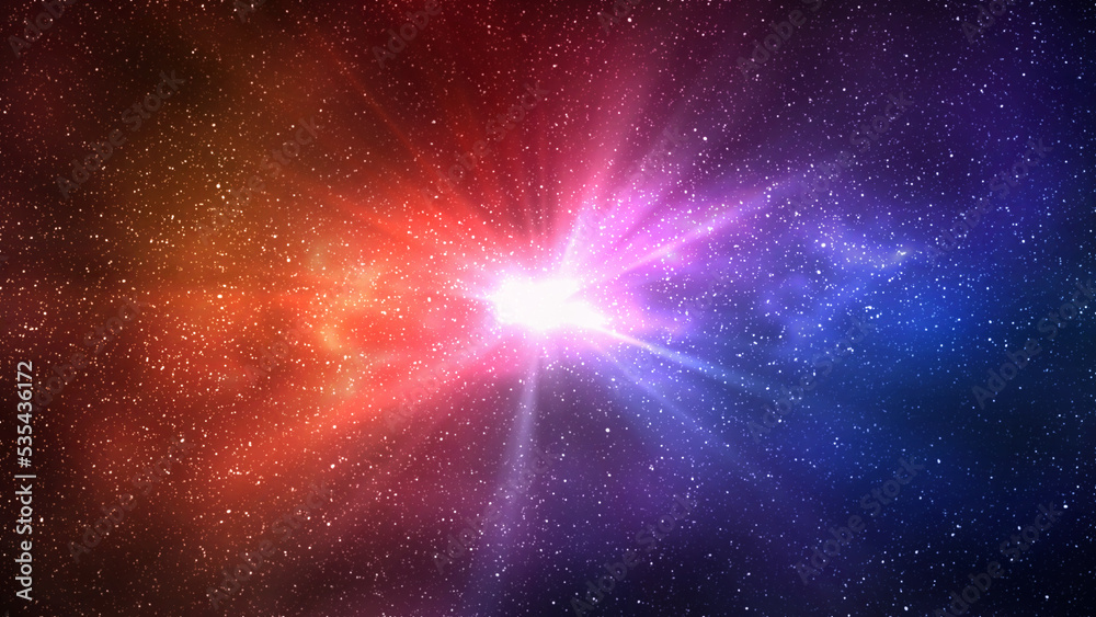 Burst of light in space. Night starry sky and bright blue red galaxy, horizontal background