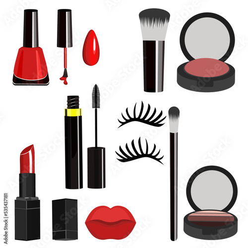 Collection of makeup cosmetics,lipstick,nail polish,brushes,blush,mascara,eyelashes, shadows isolated on a white background.Vector set for cosmetic designs,textiles, postcards.