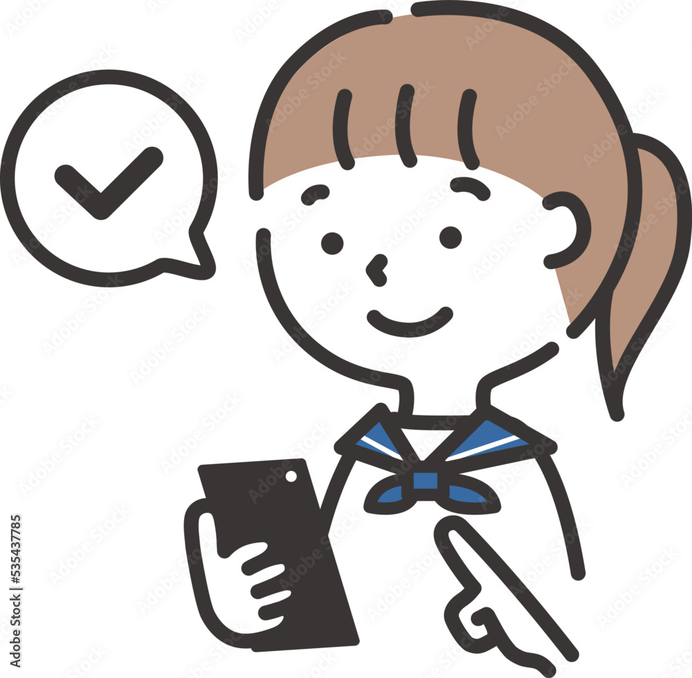 笑顔でスマホを操作する女子学生のイラスト 笑顔でスマホを操作する女子学生のイラスト