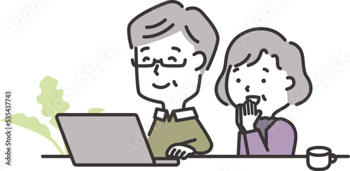 一緒に笑顔でパソコンを覗く高齢夫婦のイラスト