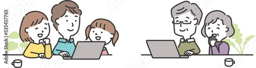 リモートでのコミュニケーションを楽しむ三世代家族のイラスト