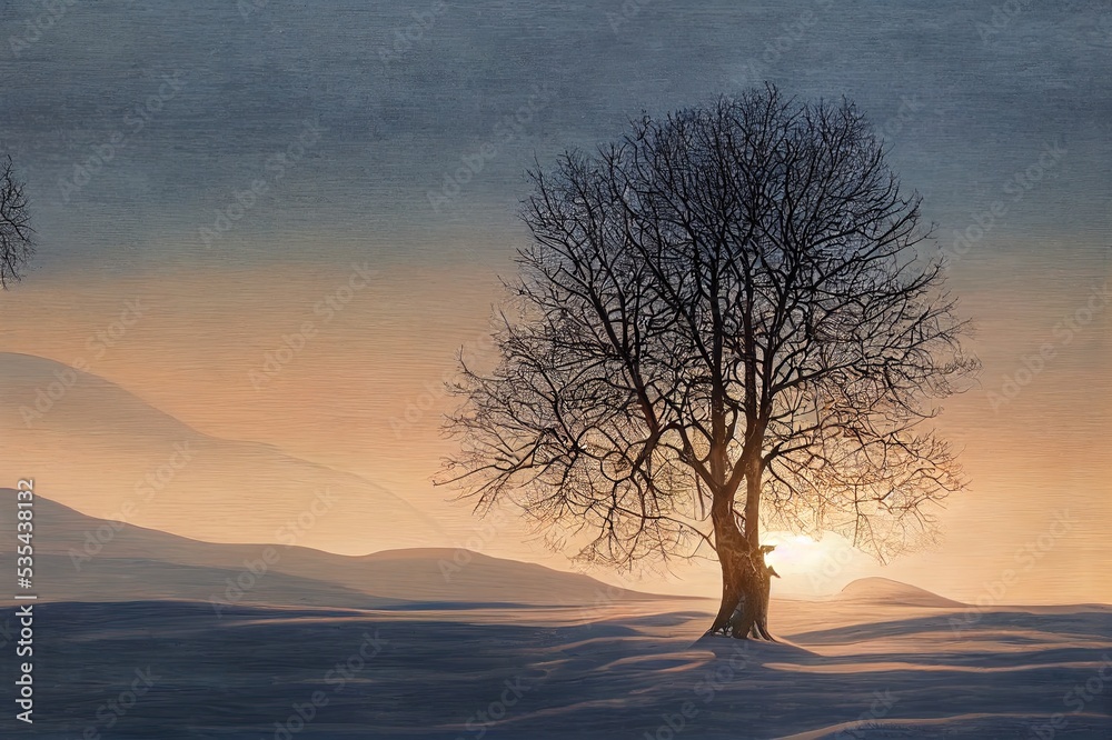 A tree on the background of a winter dawn. Winter dawn landscape. Beautiful sunrise in winter. Winter sunrise view. High quality illustration A tree on the background of a winter dawn. Winter dawn landscape. Beautiful sunrise in winter. Winter sunrise view. High quality illustration