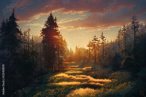 sunset light in fantasy woods scenery. High quality illustration photo