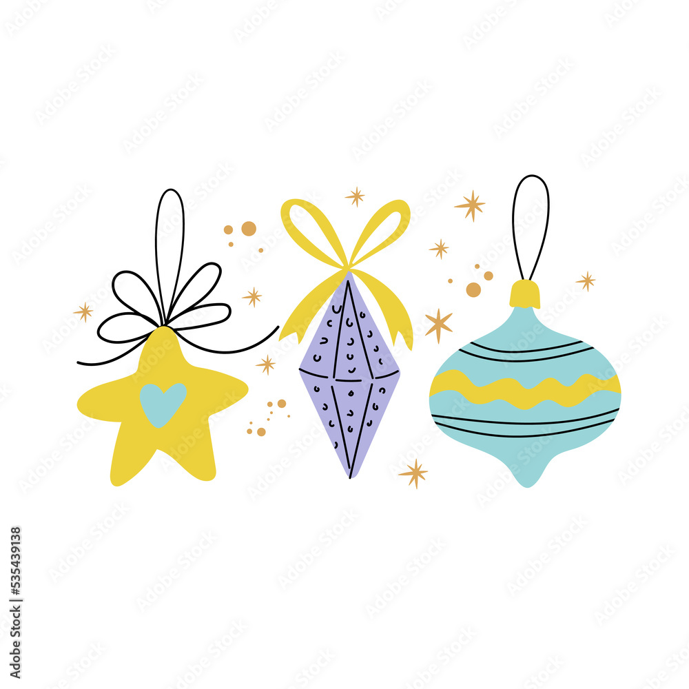Vintage Christmas toys with colorful different designs. Hand drawn cute xmas doodle vector icon.