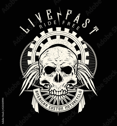 Motorcycle, slogan,Skull vector.Illustration of tattoo art