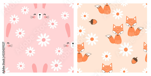 Seamless pattern with rabbit cartoons, daisy flower and fox on pink and orange backgrounds vector illustration.