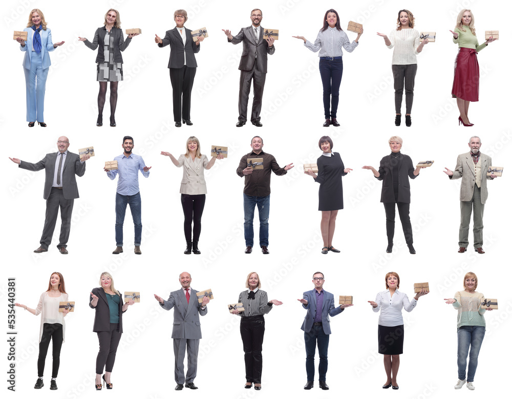 group of happy people with gifts in their hands isolated