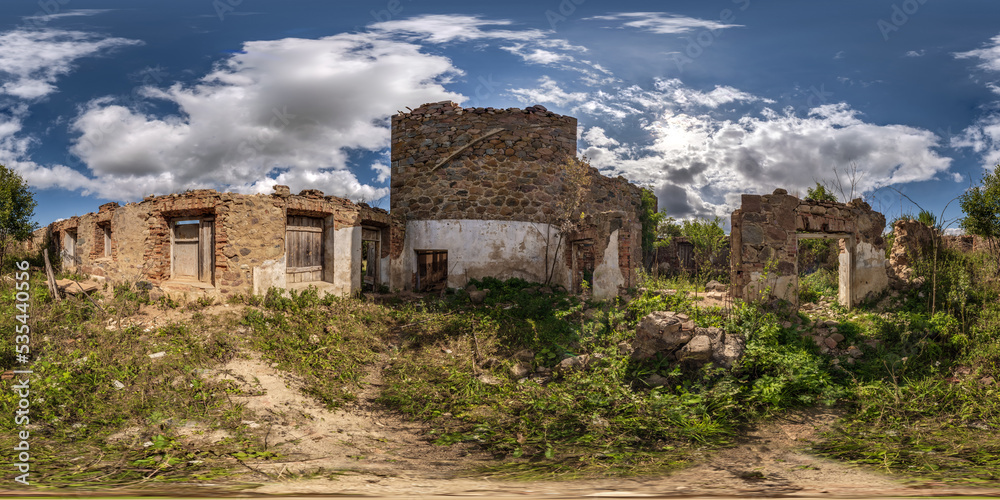 360 hdri panorama inside abandoned ruined bushy concrete decaying old building without roof in full seamless spherical hdri panorama in equirectangular projection, AR VR virtual reality content