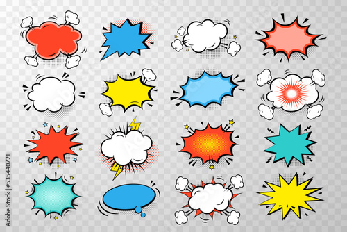 Set of colors empty comic speech bubbles stickers with cloud, stars, halftone on transparent   background. Pop art vector cartoon illustration in retro style. Design for comic book, poster, banner
