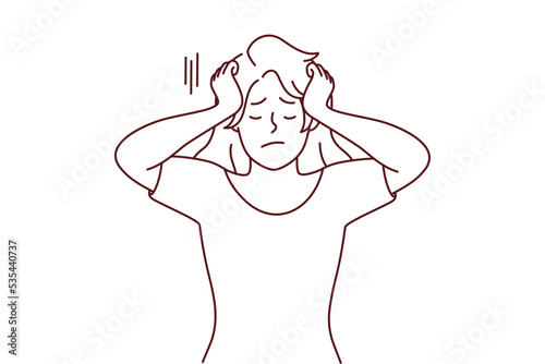 Unhappy woman suffer from repetitive thoughts. Upset girl struggle with overthinking struggle with mental psychological problems. Vector illustration. 